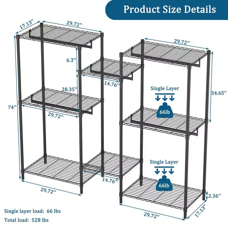 Appendiabiti da terra resistente - Scaffalature a filo regolabili a 6 ripiani, 3 binari appendiabiti, organizer per armadio portatile in metallo (nero)