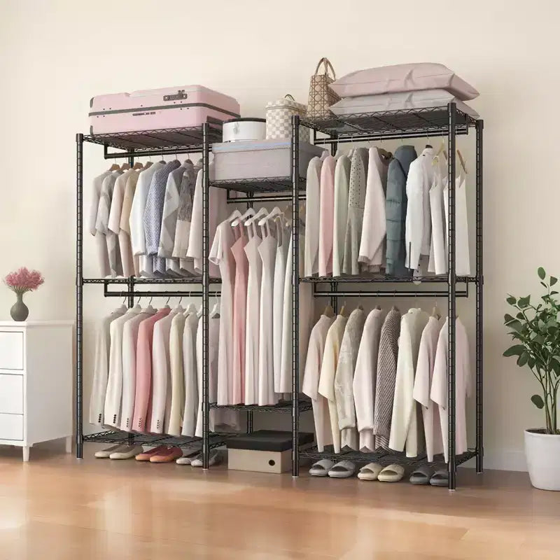 Appendiabiti da terra resistente - Scaffalature a filo regolabili a 6 ripiani, 3 binari appendiabiti, organizer per armadio portatile in metallo (nero)