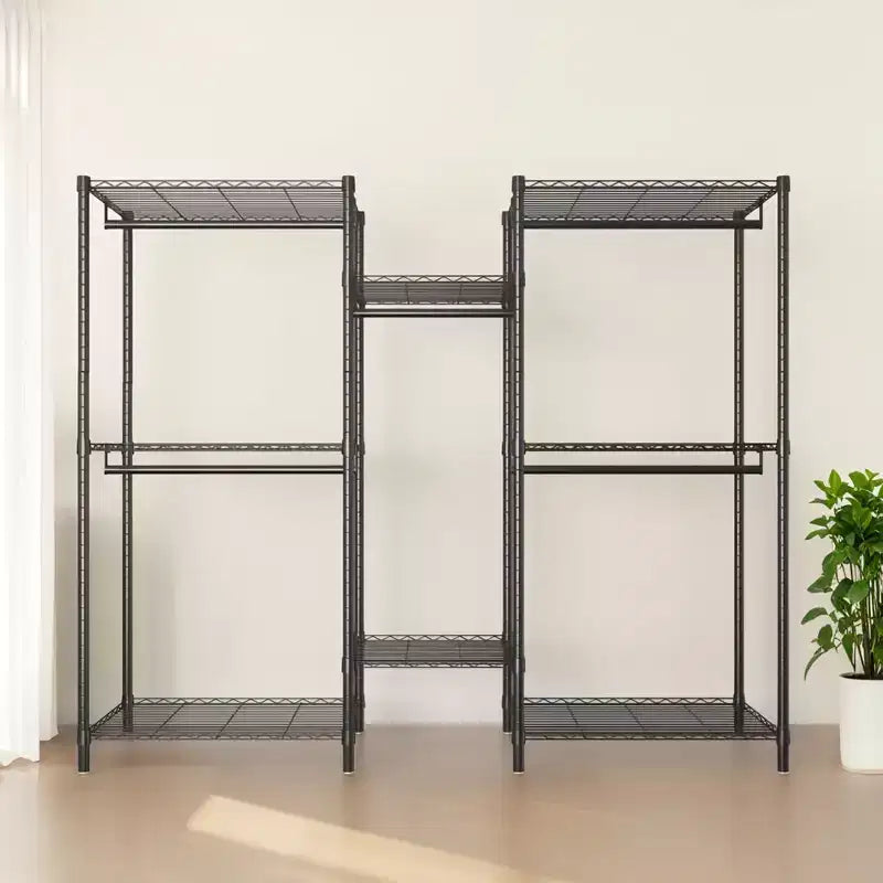 Appendiabiti da terra resistente - Scaffalature a filo regolabili a 6 ripiani, 3 binari appendiabiti, organizer per armadio portatile in metallo (nero)