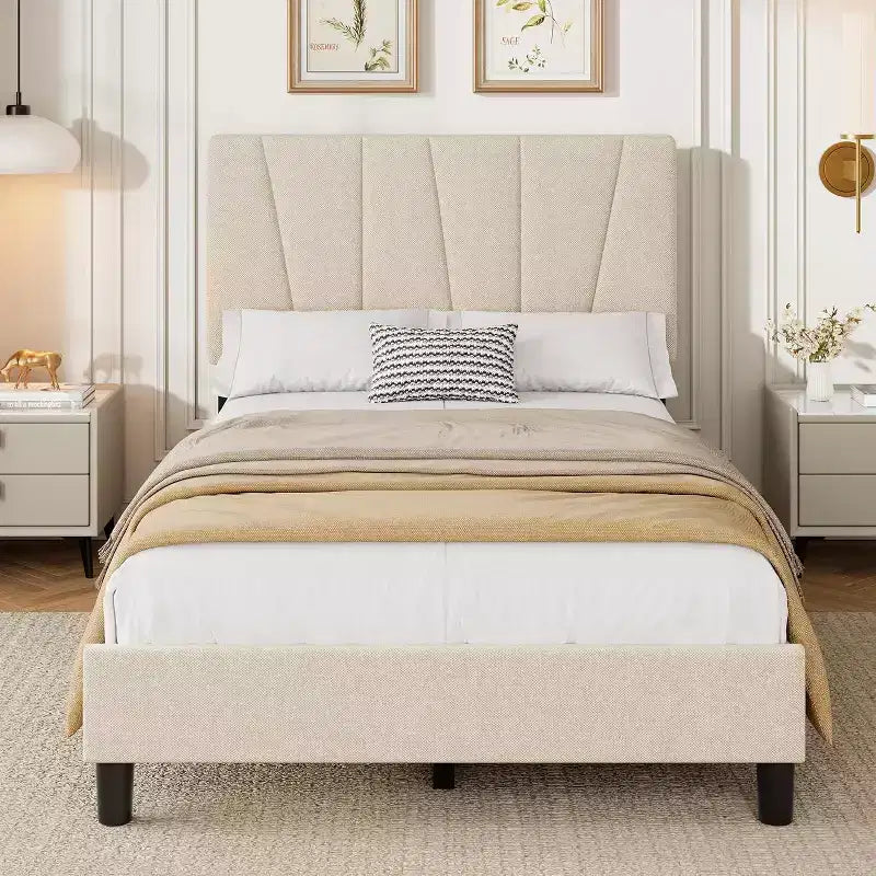 Struttura Letto per Bambini, Base a Doghe in Legno, Testiera Imbottita in Lino, Stile Moderno, Nessuna Rete a Molle Necessaria