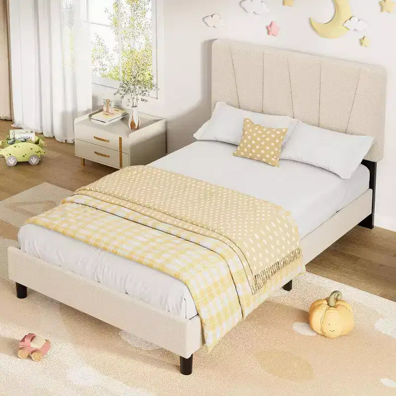 Struttura Letto per Bambini, Base a Doghe in Legno, Testiera Imbottita in Lino, Stile Moderno, Nessuna Rete a Molle Necessaria