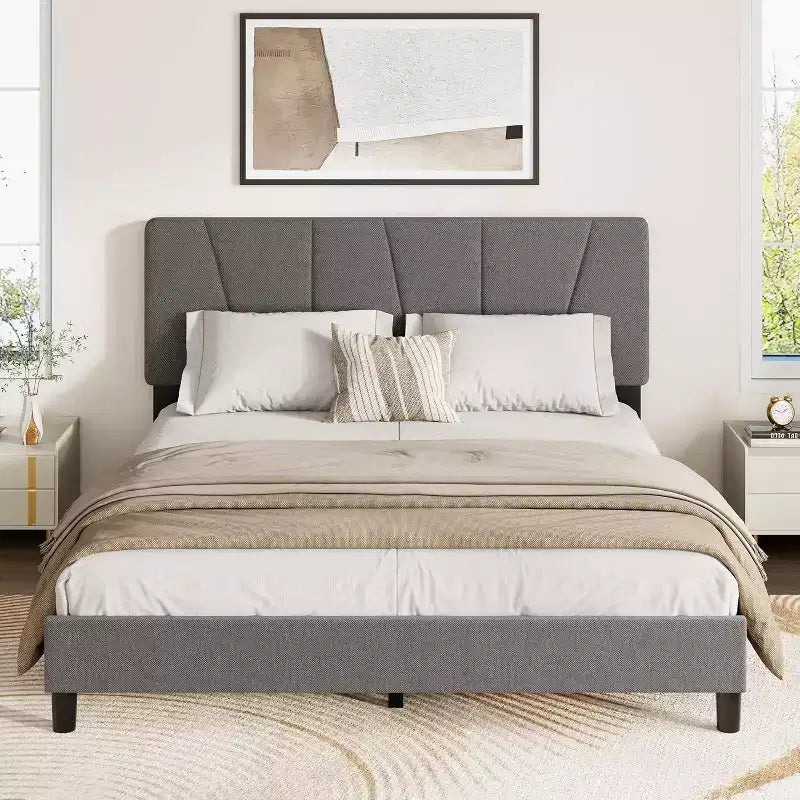 Struttura Letto per Bambini, Base a Doghe in Legno, Testiera Imbottita in Lino, Stile Moderno, Nessuna Rete a Molle Necessaria