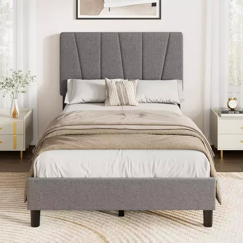 Struttura Letto per Bambini, Base a Doghe in Legno, Testiera Imbottita in Lino, Stile Moderno, Nessuna Rete a Molle Necessaria