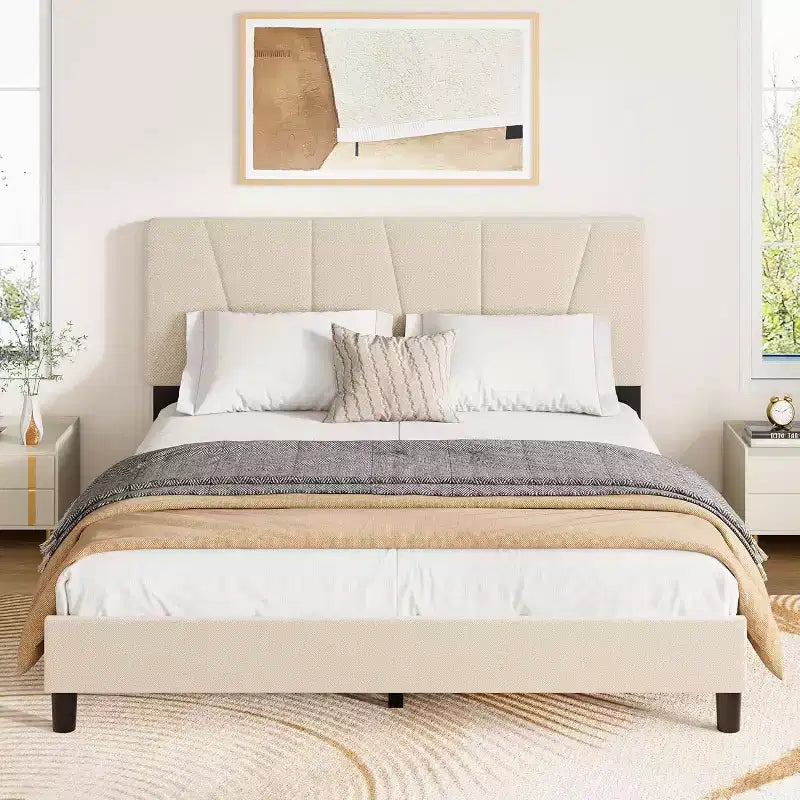 Struttura Letto per Bambini, Base a Doghe in Legno, Testiera Imbottita in Lino, Stile Moderno, Nessuna Rete a Molle Necessaria