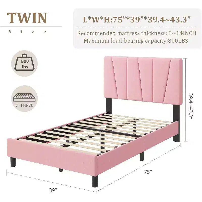 Struttura Letto per Bambini, Base a Doghe in Legno, Testiera Imbottita in Lino, Stile Moderno, Nessuna Rete a Molle Necessaria