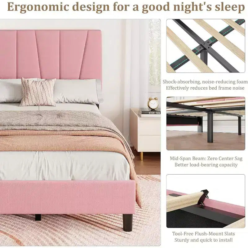 Struttura Letto per Bambini, Base a Doghe in Legno, Testiera Imbottita in Lino, Stile Moderno, Nessuna Rete a Molle Necessaria