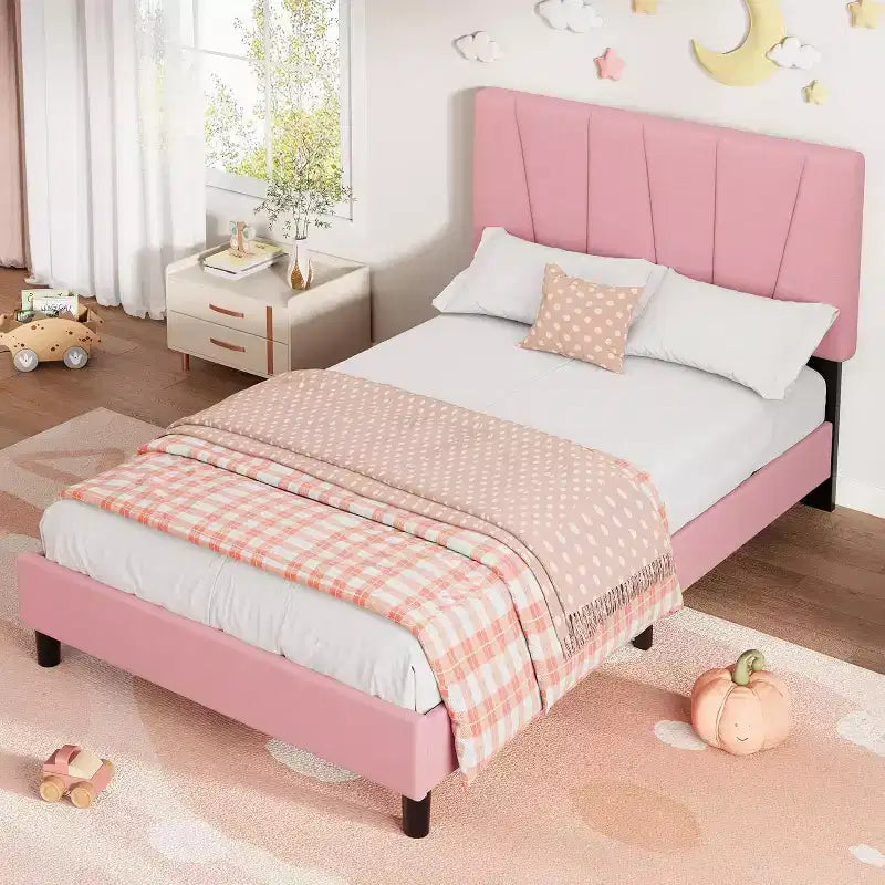 Struttura Letto per Bambini, Base a Doghe in Legno, Testiera Imbottita in Lino, Stile Moderno, Nessuna Rete a Molle Necessaria