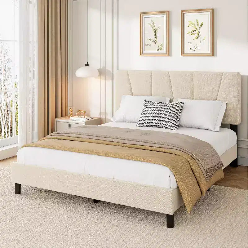 Struttura Letto per Bambini, Base a Doghe in Legno, Testiera Imbottita in Lino, Stile Moderno, Nessuna Rete a Molle Necessaria
