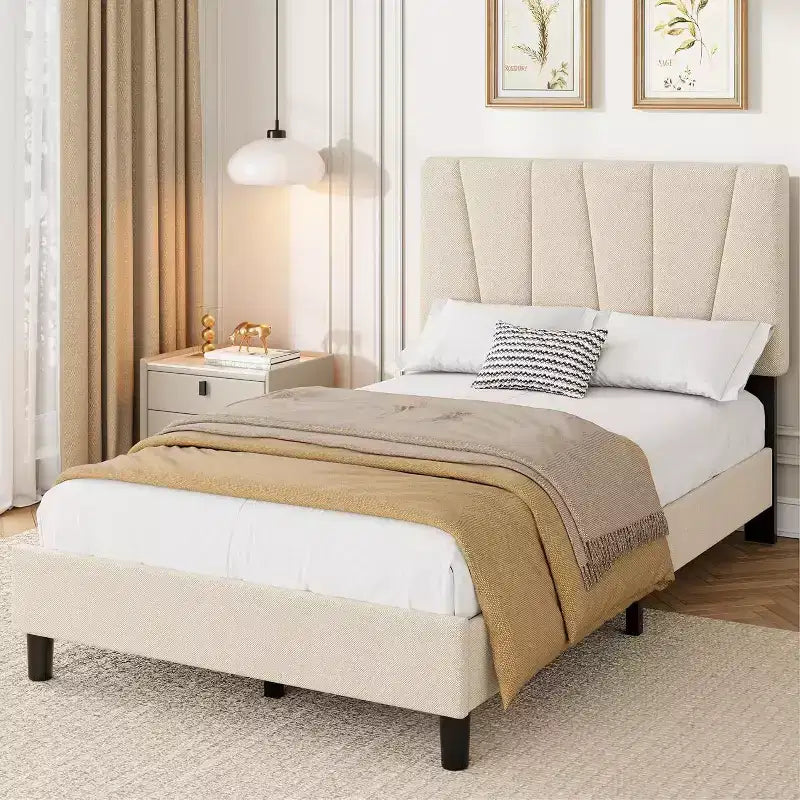 Struttura Letto per Bambini, Base a Doghe in Legno, Testiera Imbottita in Lino, Stile Moderno, Nessuna Rete a Molle Necessaria