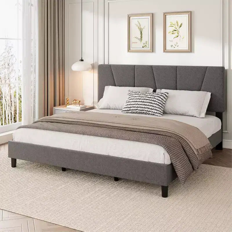 Struttura Letto per Bambini, Base a Doghe in Legno, Testiera Imbottita in Lino, Stile Moderno, Nessuna Rete a Molle Necessaria