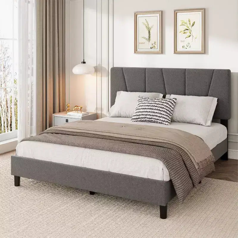 Struttura Letto per Bambini, Base a Doghe in Legno, Testiera Imbottita in Lino, Stile Moderno, Nessuna Rete a Molle Necessaria