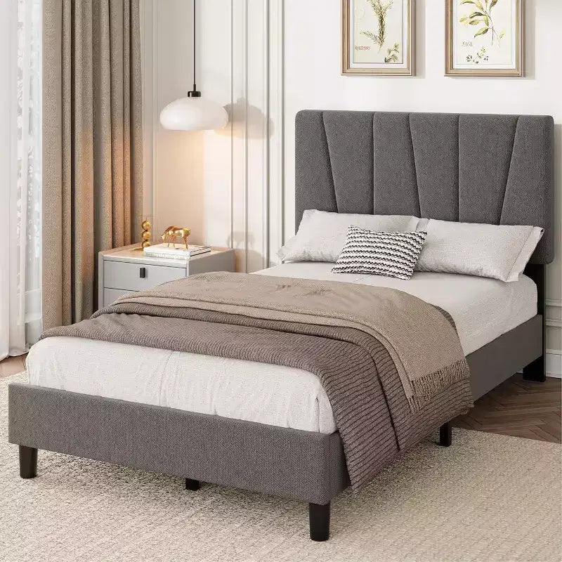 Struttura Letto per Bambini, Base a Doghe in Legno, Testiera Imbottita in Lino, Stile Moderno, Nessuna Rete a Molle Necessaria