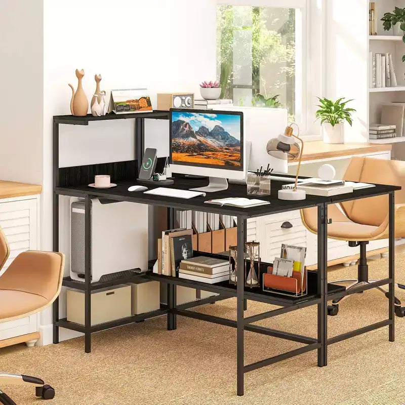 Scrivania per computer Costway 48 con prese di corrente, ripiani e gancio per cuffie per gaming, marrone rustico/bianco/rosa/nero