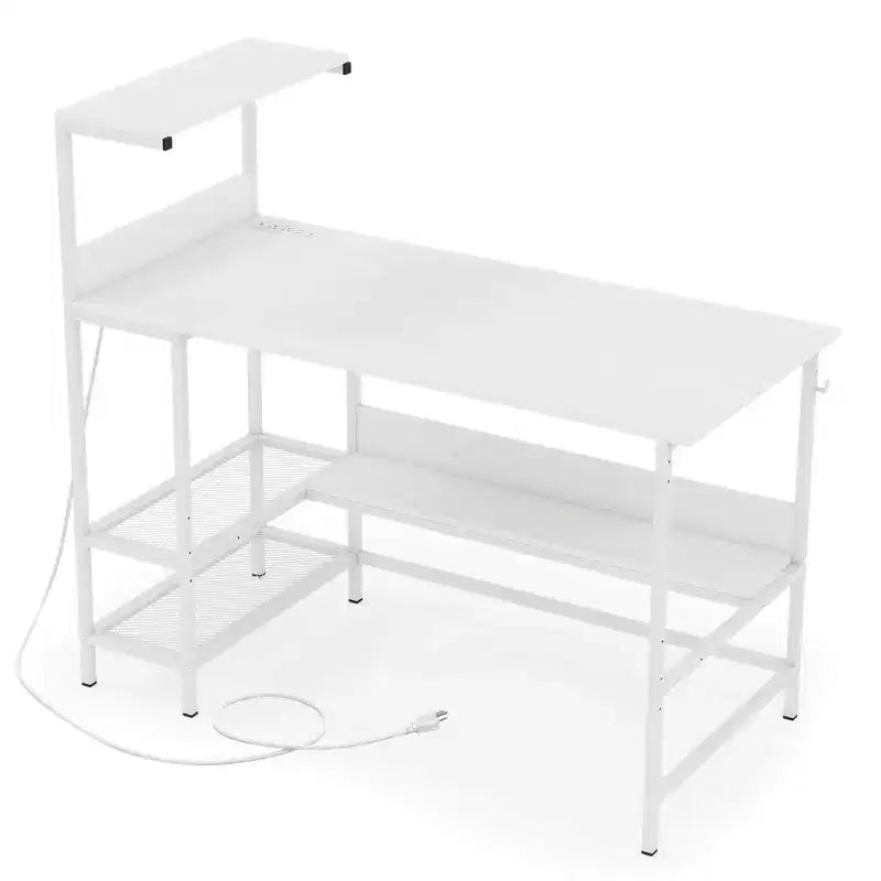 Scrivania per computer Costway 48 con prese di corrente, ripiani e gancio per cuffie per gaming, marrone rustico/bianco/rosa/nero