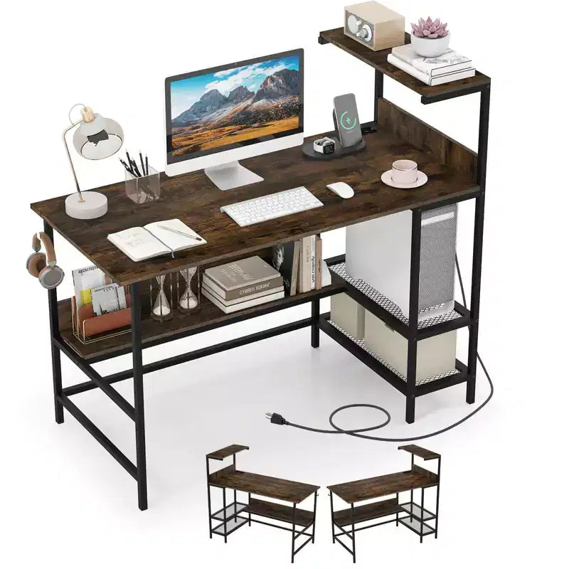 Scrivania per computer Costway 48 con prese di corrente, ripiani e gancio per cuffie per gaming, marrone rustico/bianco/rosa/nero