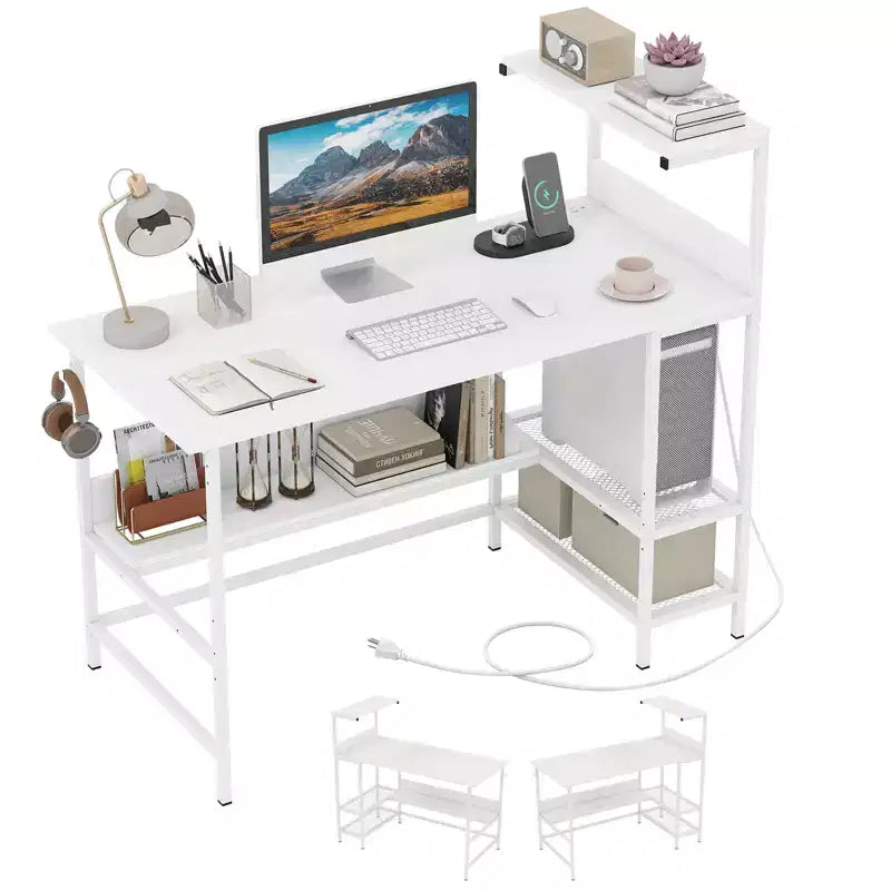 Scrivania per computer Costway 48 con prese di corrente, ripiani e gancio per cuffie per gaming, marrone rustico/bianco/rosa/nero