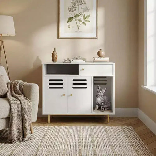 31.5 Inch Hidden Cat Litter Box Enclosure Furniture, Modern Style with Vent Door, Side Rest Area, Drawers & Open Shelves, Suitable for Cats