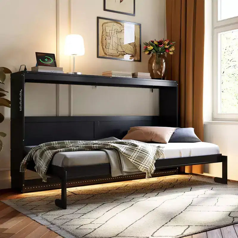 Whisen Twin Modern Side-Folding Murphy Bed & Bed Frame with Trendy Printed Pattern & Built-In USB Outlet