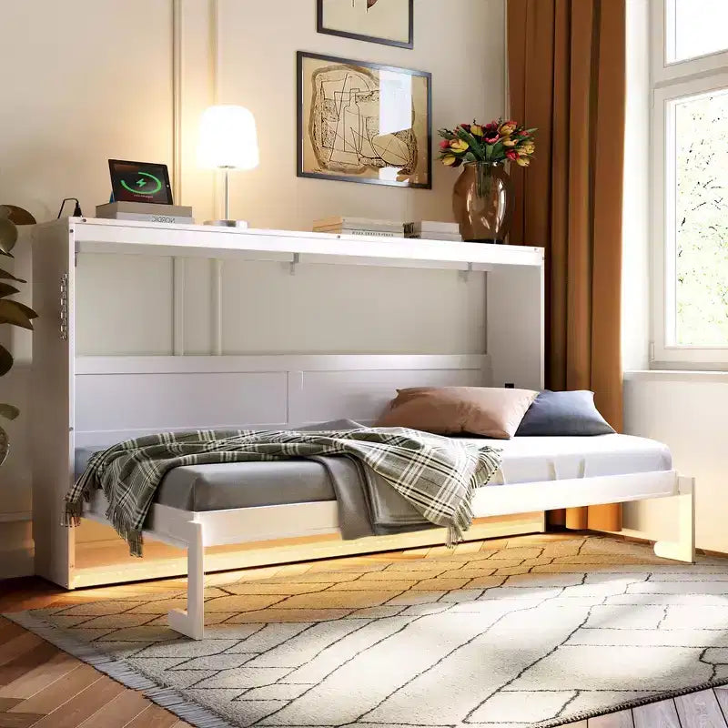 Whisen Twin Letto a scomparsa moderno pieghevole laterale e telaio letto con motivo stampato di tendenza e presa USB integrata