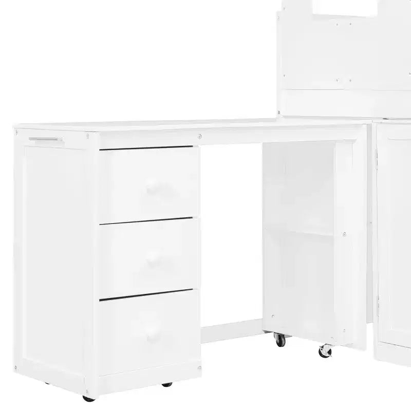 Luxystar Letto a Soppalco Basso Stile Casa a Due Piani con Scrivania a Rotelle, Mobile Contenitore e Cassetti
