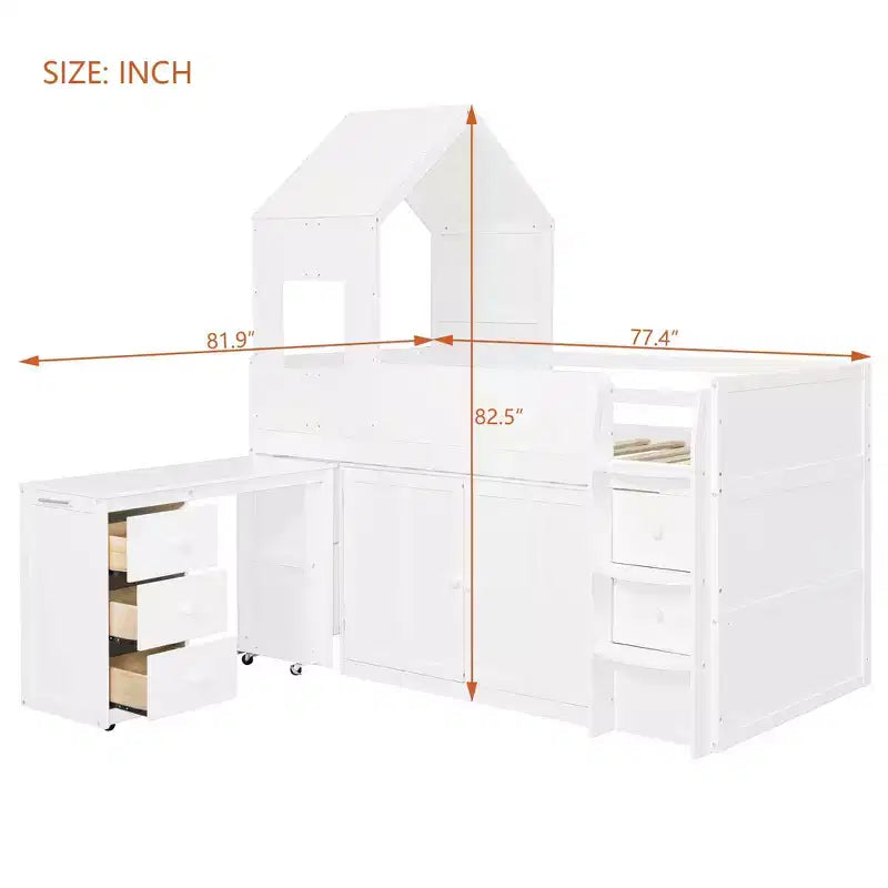 Luxystar Letto a Soppalco Basso Stile Casa a Due Piani con Scrivania a Rotelle, Mobile Contenitore e Cassetti
