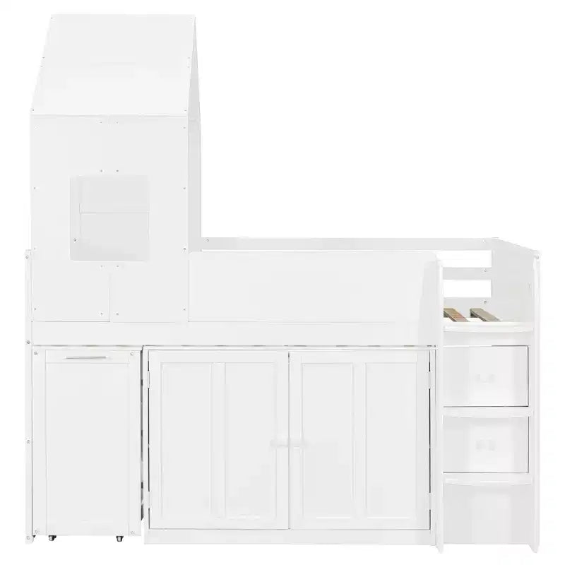 Luxystar Letto a Soppalco Basso Stile Casa a Due Piani con Scrivania a Rotelle, Mobile Contenitore e Cassetti