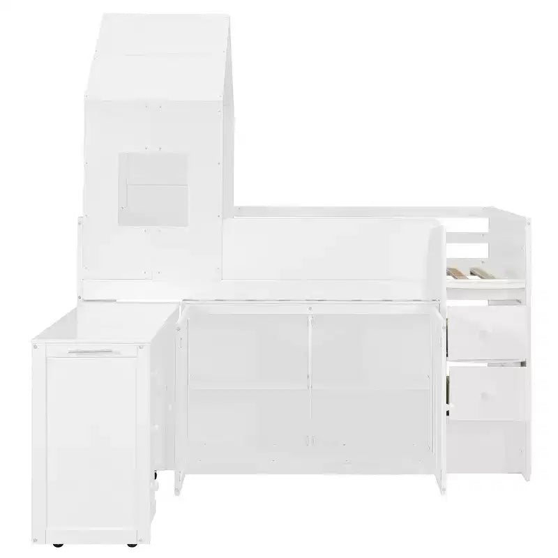 Luxystar Letto a Soppalco Basso Stile Casa a Due Piani con Scrivania a Rotelle, Mobile Contenitore e Cassetti