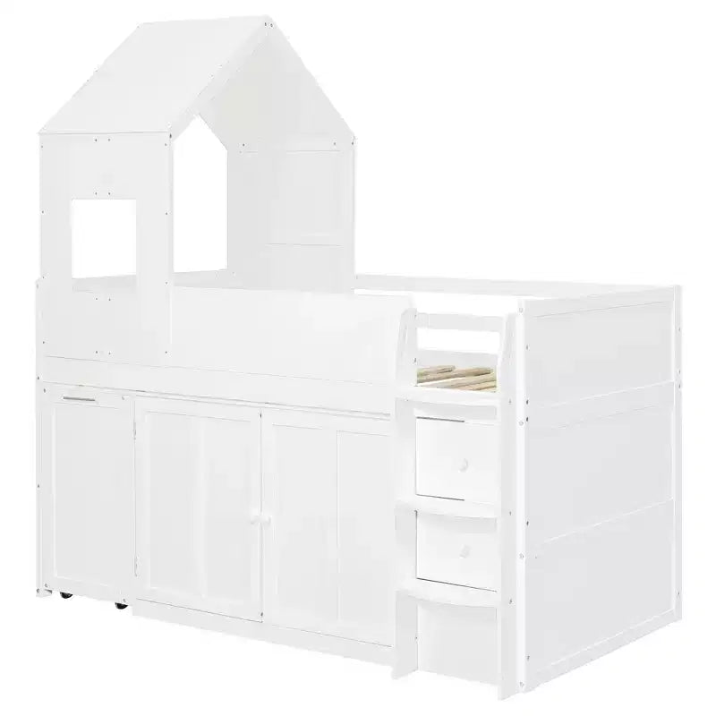 Luxystar Letto a Soppalco Basso Stile Casa a Due Piani con Scrivania a Rotelle, Mobile Contenitore e Cassetti
