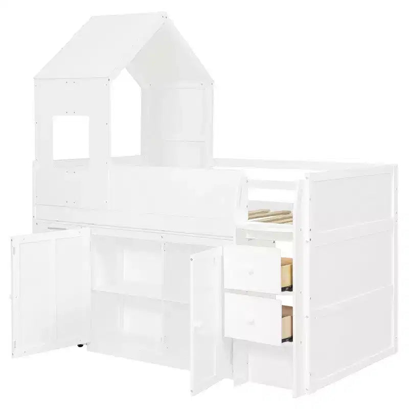 Luxystar Letto a Soppalco Basso Stile Casa a Due Piani con Scrivania a Rotelle, Mobile Contenitore e Cassetti