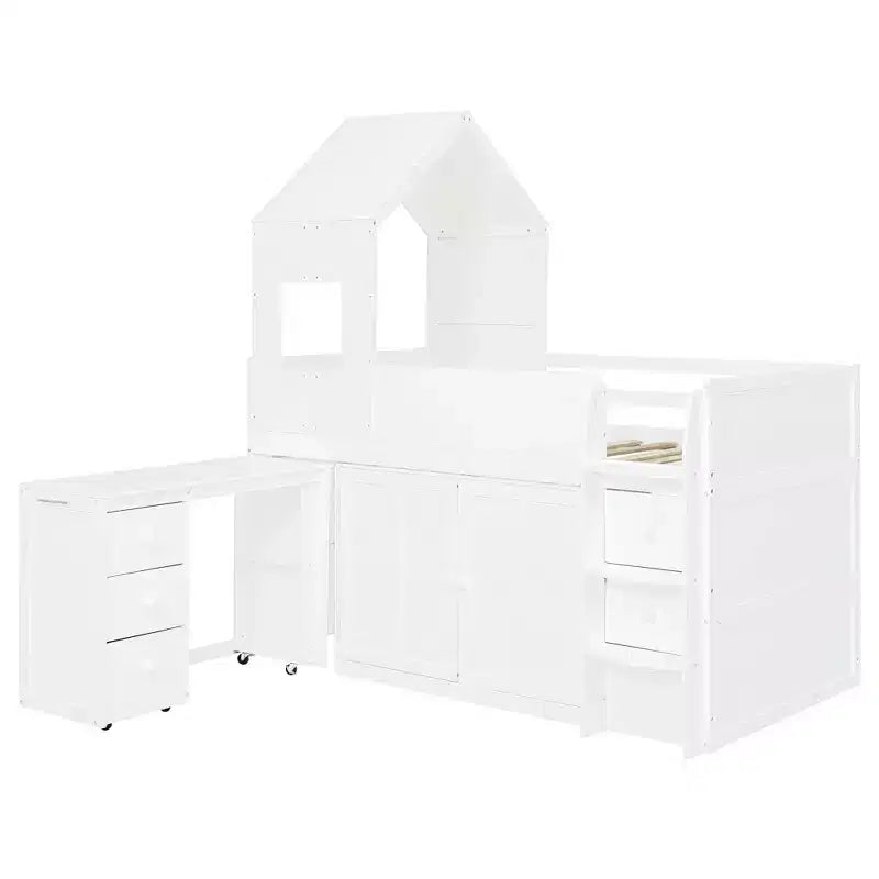 Luxystar Letto a Soppalco Basso Stile Casa a Due Piani con Scrivania a Rotelle, Mobile Contenitore e Cassetti