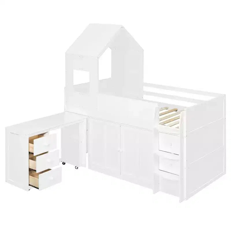 Luxystar Letto a Soppalco Basso Stile Casa a Due Piani con Scrivania a Rotelle, Mobile Contenitore e Cassetti