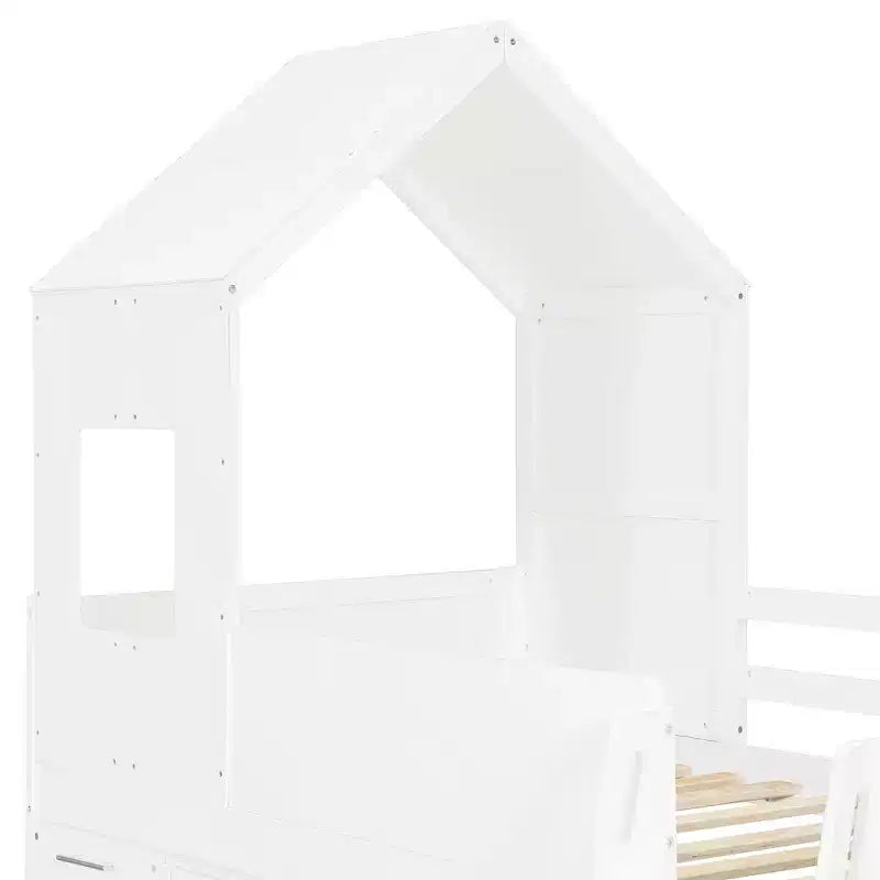 Luxystar Letto a Soppalco Basso Stile Casa a Due Piani con Scrivania a Rotelle, Mobile Contenitore e Cassetti