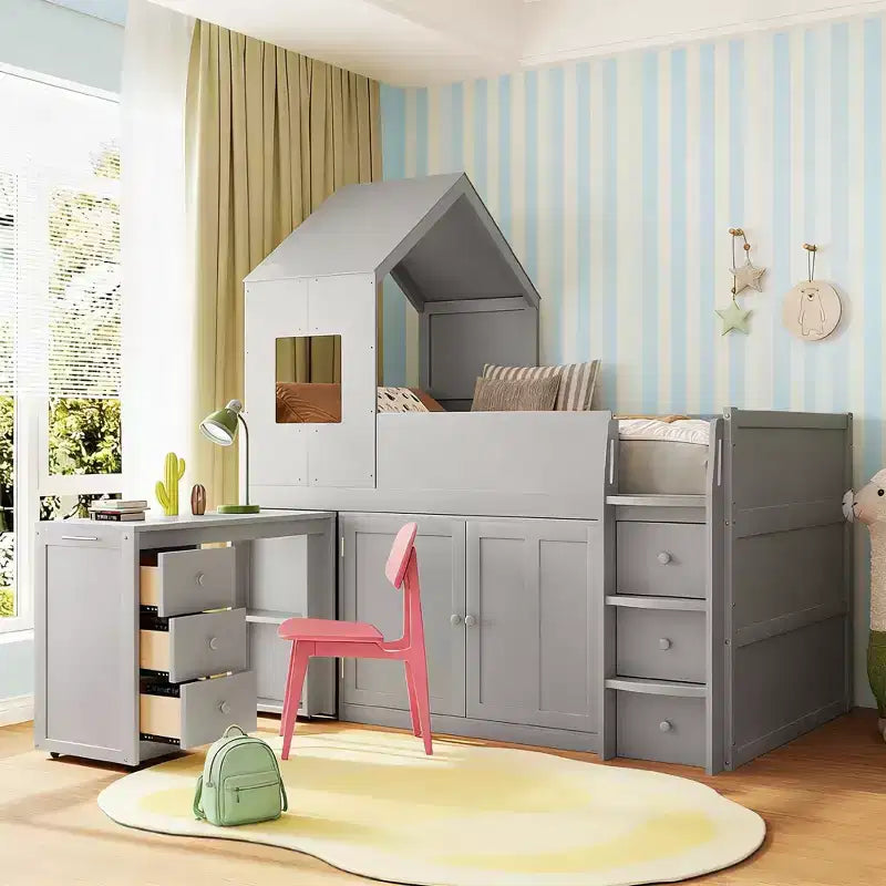Luxystar Letto a Soppalco Basso Stile Casa a Due Piani con Scrivania a Rotelle, Mobile Contenitore e Cassetti