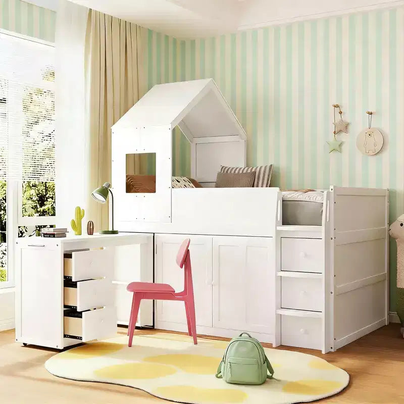 Luxystar Letto a Soppalco Basso Stile Casa a Due Piani con Scrivania a Rotelle, Mobile Contenitore e Cassetti