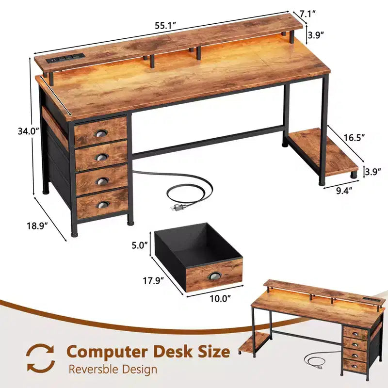 Scrivania per computer rustica marrone da 55 pollici con stazione di ricarica, scrivania da gaming reversibile, luci LED, 4 cassetti in tessuto, supporto per monitor, tavolo da scrittura per ufficio domestico