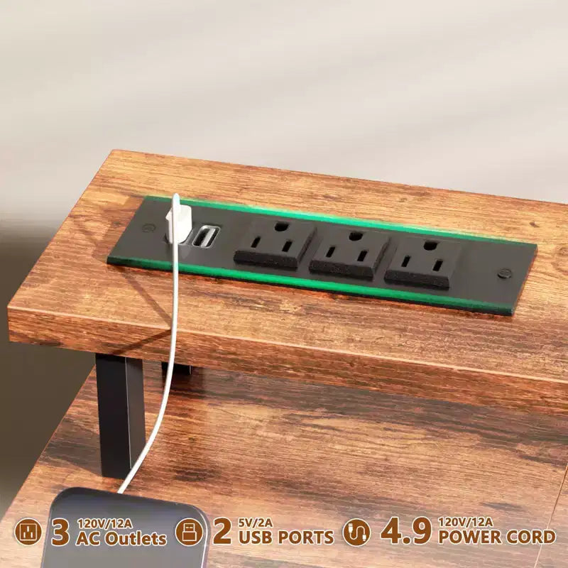Scrivania per computer rustica marrone da 55 pollici con stazione di ricarica, scrivania da gaming reversibile, luci LED, 4 cassetti in tessuto, supporto per monitor, tavolo da scrittura per ufficio domestico
