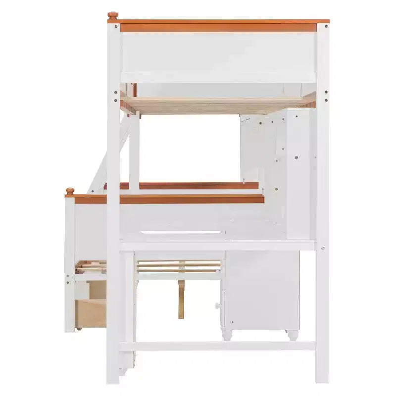 Luxystar Letto a Castello Doppio con Scrivania, Cassetti, Libreria Illuminata e Armadietto, Bianco+Arancione