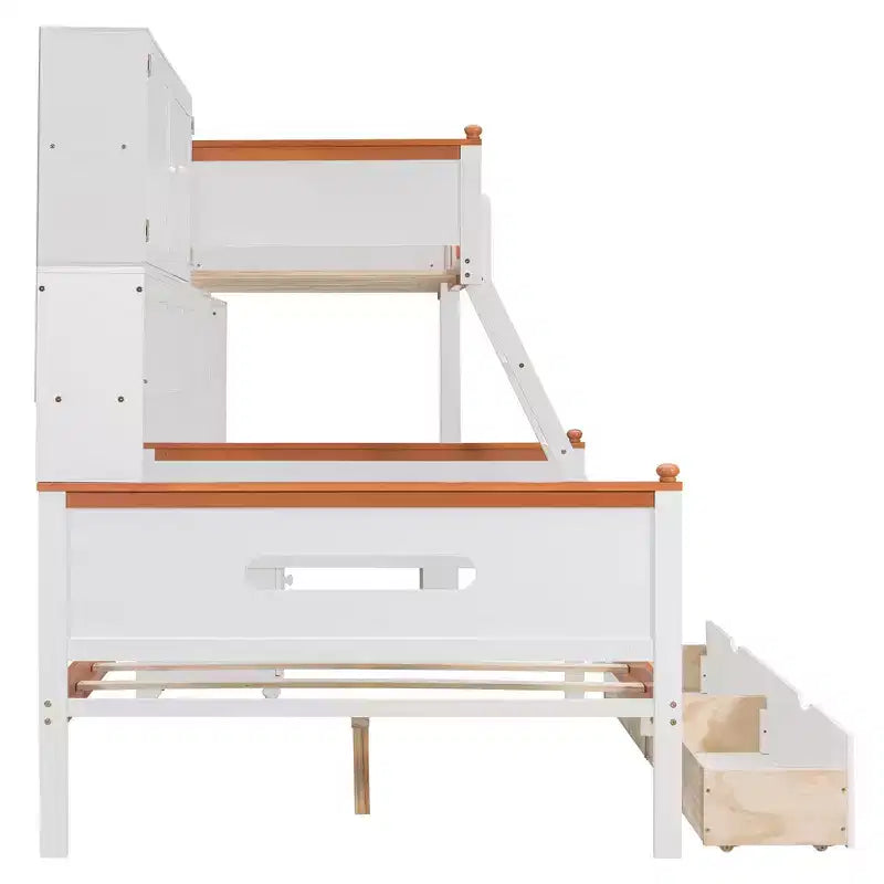 Luxystar Letto a Castello Doppio con Scrivania, Cassetti, Libreria Illuminata e Armadietto, Bianco+Arancione