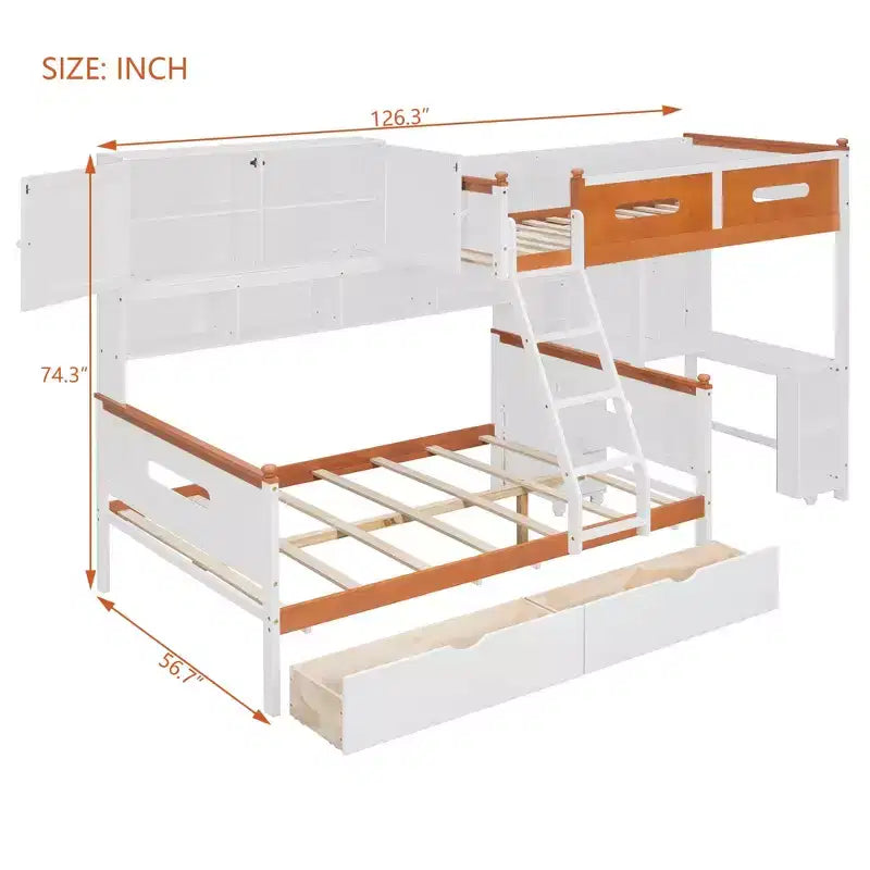 Luxystar Letto a Castello Doppio con Scrivania, Cassetti, Libreria Illuminata e Armadietto, Bianco+Arancione