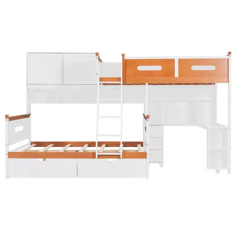 Luxystar Letto a Castello Doppio con Scrivania, Cassetti, Libreria Illuminata e Armadietto, Bianco+Arancione