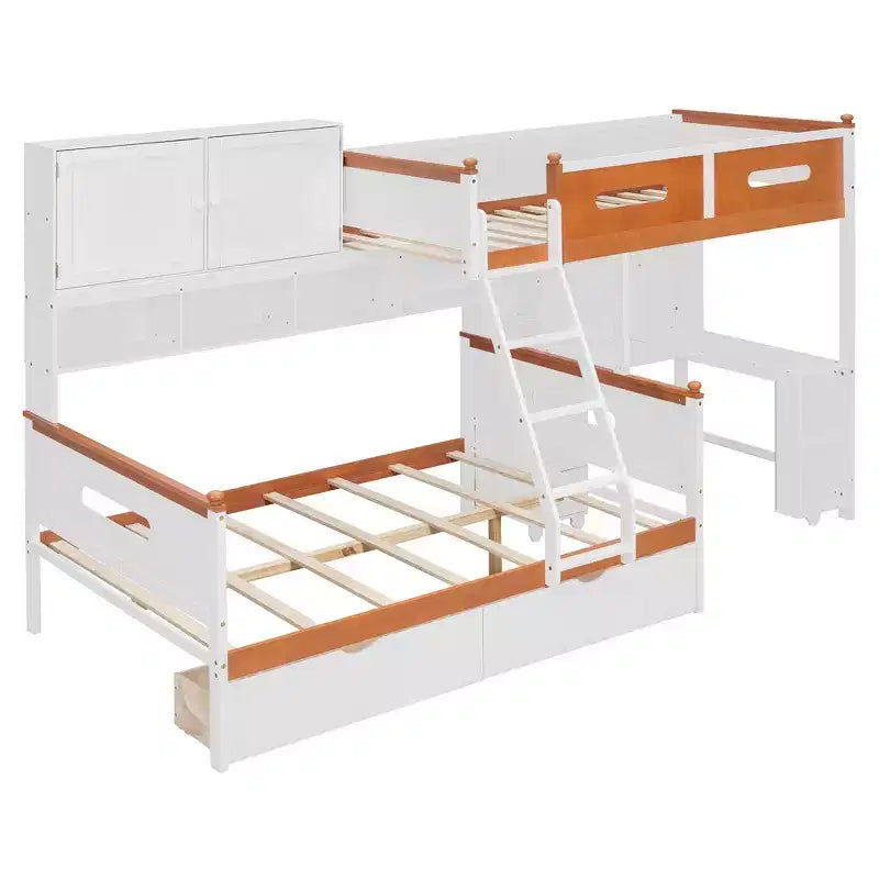 Luxystar Letto a Castello Doppio con Scrivania, Cassetti, Libreria Illuminata e Armadietto, Bianco+Arancione