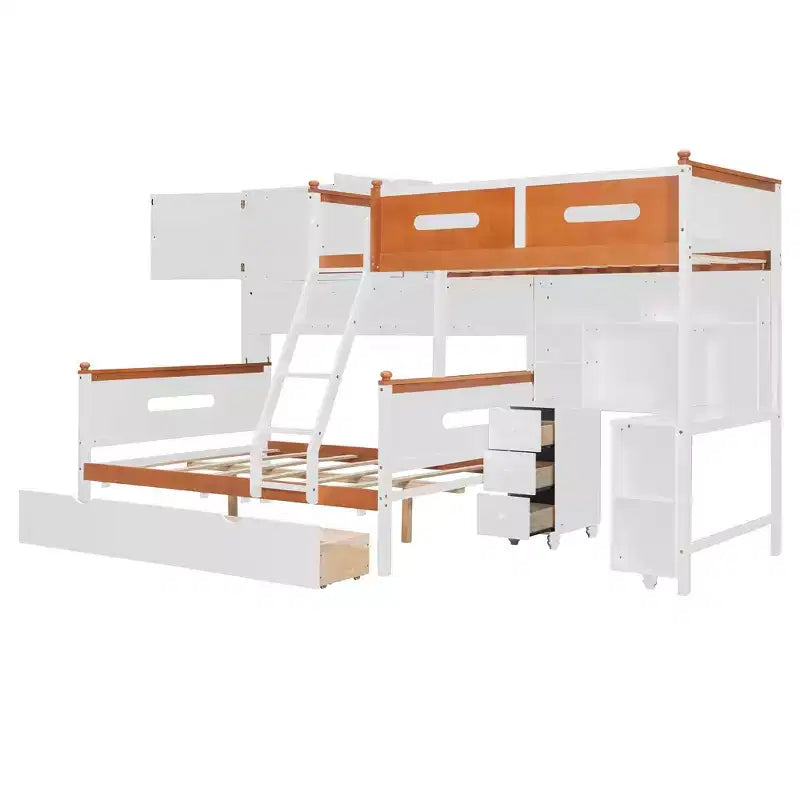 Luxystar Letto a Castello Doppio con Scrivania, Cassetti, Libreria Illuminata e Armadietto, Bianco+Arancione