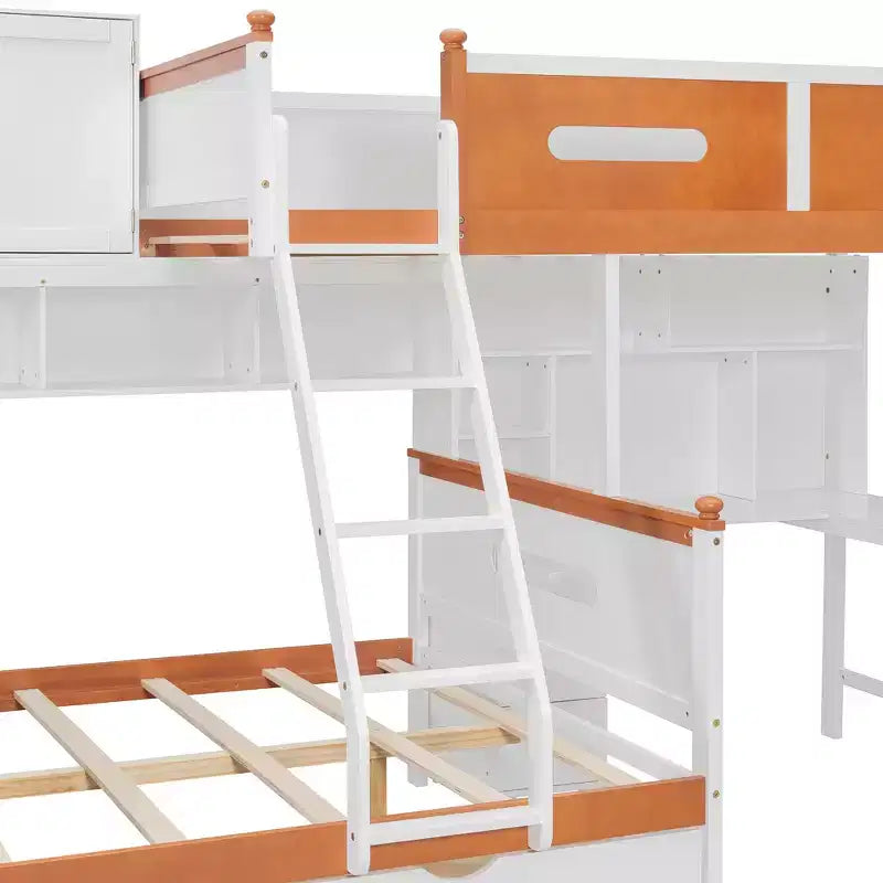 Luxystar Letto a Castello Doppio con Scrivania, Cassetti, Libreria Illuminata e Armadietto, Bianco+Arancione