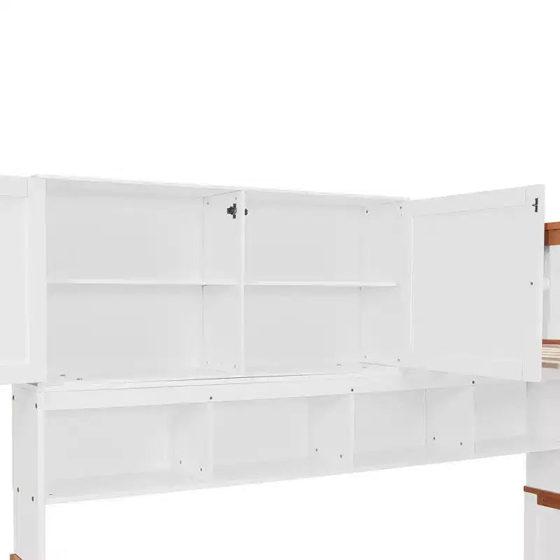Luxystar Letto a Castello Doppio con Scrivania, Cassetti, Libreria Illuminata e Armadietto, Bianco+Arancione