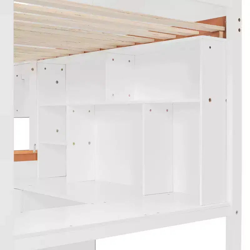 Luxystar Letto a Castello Doppio con Scrivania, Cassetti, Libreria Illuminata e Armadietto, Bianco+Arancione