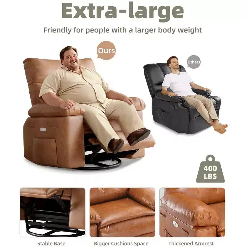 Poltrona reclinabile manuale in pelle PU oversize, Divano singolo con seduta profonda, braccioli e schienale, Tasca laterale, Comoda poltrona reclinabile per soggiorno