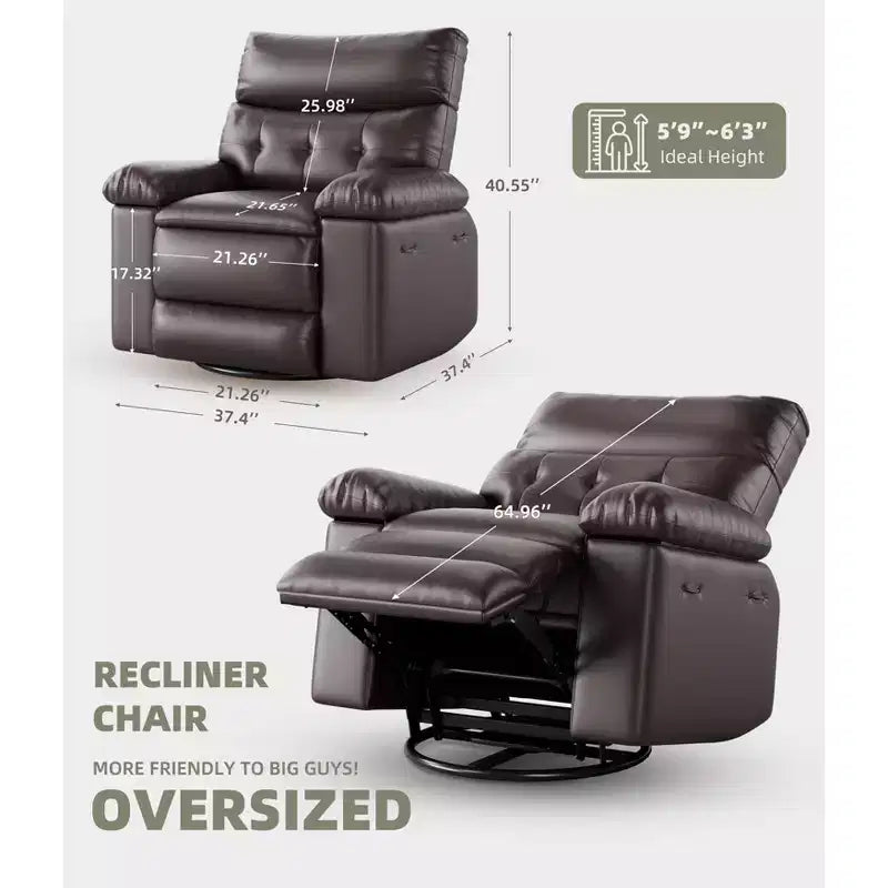 Poltrona reclinabile manuale in pelle PU oversize, Divano singolo con seduta profonda, braccioli e schienale, Tasca laterale, Comoda poltrona reclinabile per soggiorno