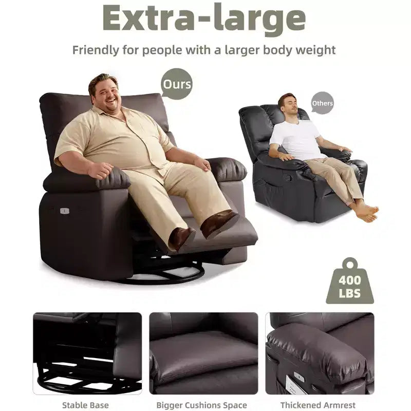 Poltrona reclinabile manuale in pelle PU oversize, Divano singolo con seduta profonda, braccioli e schienale, Tasca laterale, Comoda poltrona reclinabile per soggiorno