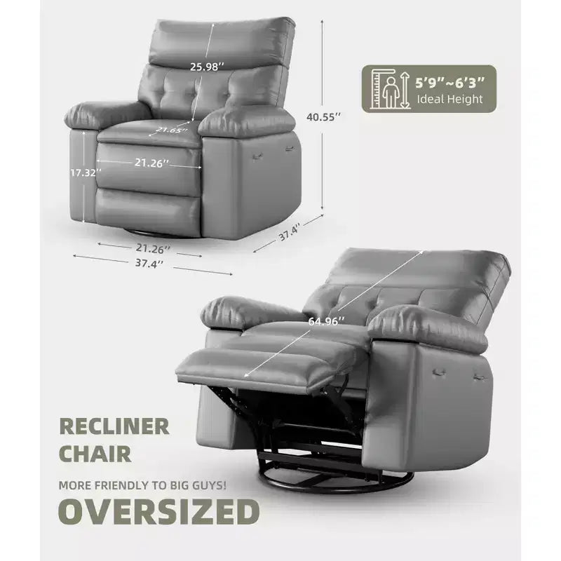 Poltrona reclinabile manuale in pelle PU oversize, Divano singolo con seduta profonda, braccioli e schienale, Tasca laterale, Comoda poltrona reclinabile per soggiorno