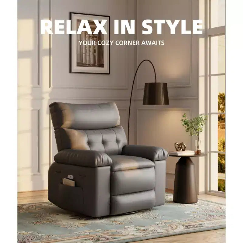 Poltrona reclinabile manuale in pelle PU oversize, Divano singolo con seduta profonda, braccioli e schienale, Tasca laterale, Comoda poltrona reclinabile per soggiorno